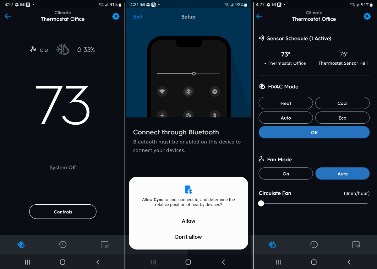 Three views of the GE Sync Smart Thermostat app