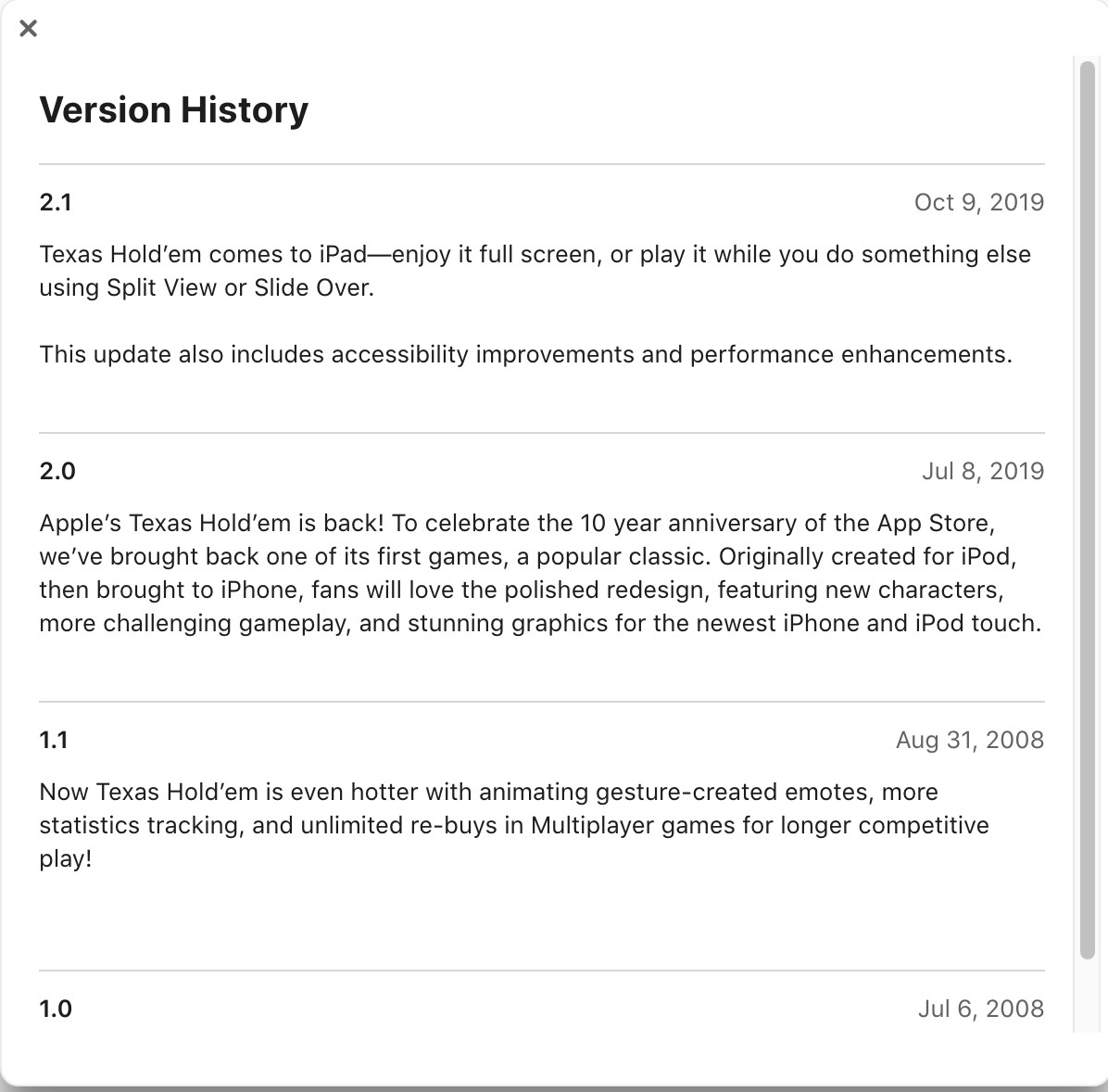 Daha katı App Store kuralları, Apple'ı kendi klasik kart oyununu kaldırmaya zorlayabilir 1 Texas Hold'em App Store sürüm geçmişi