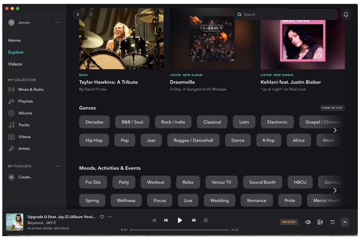 Tidal Explore user interface element