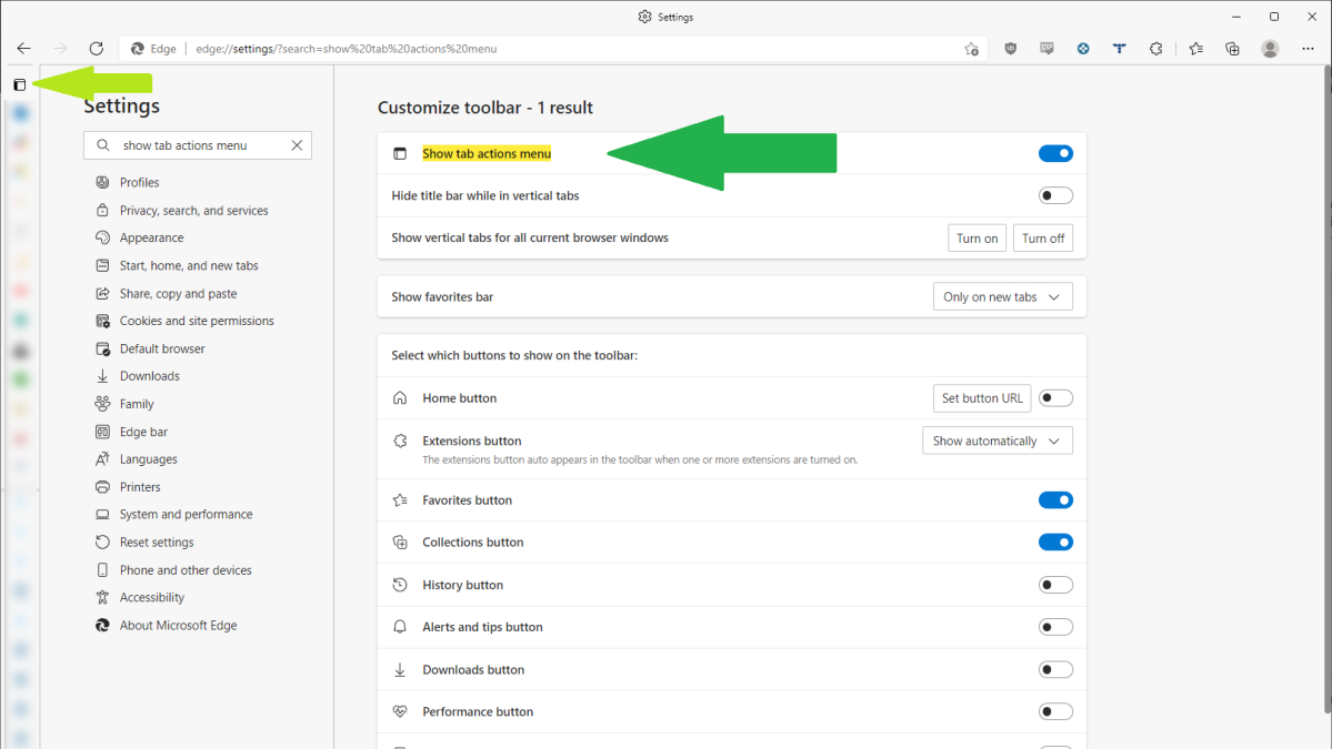 Edge settings showing the