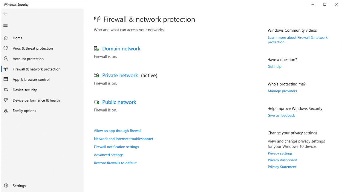 Windows 10 firewall and network protection
