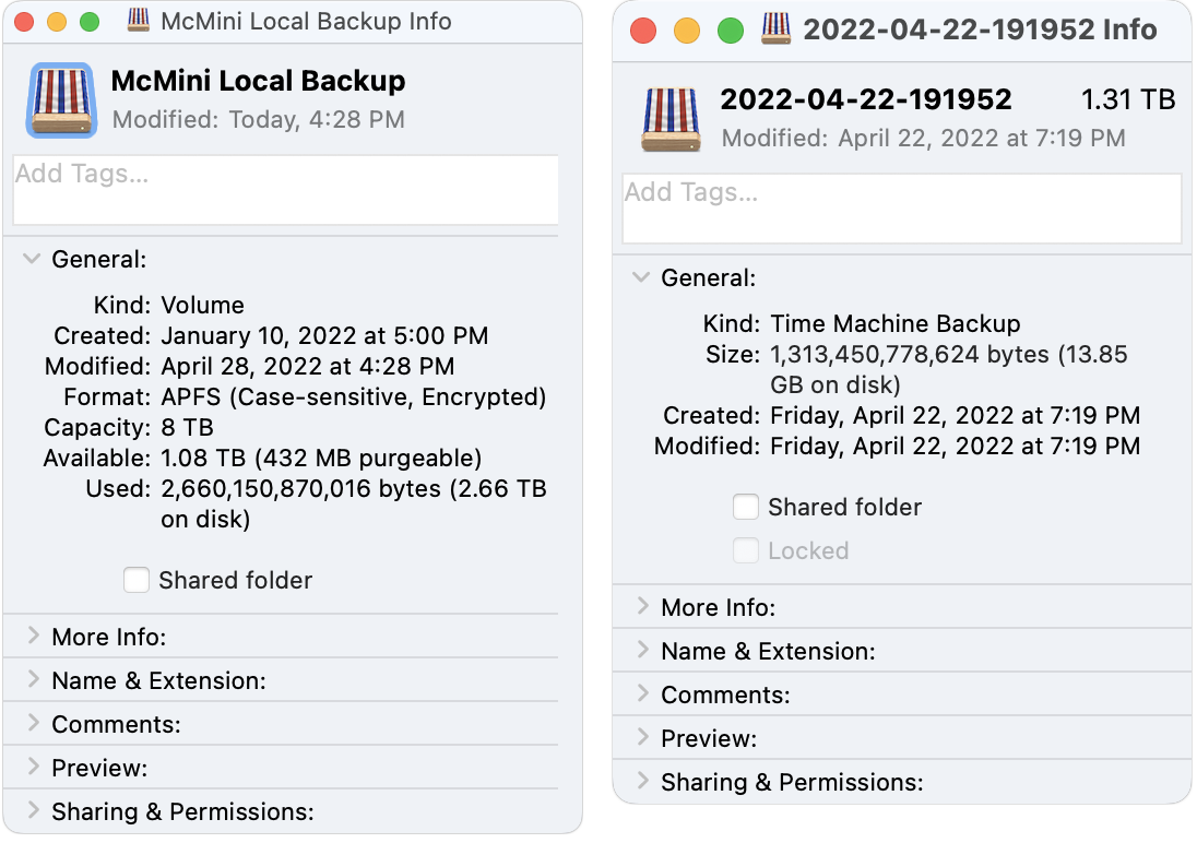 mac911 time machine snapshot sizes finder sbs