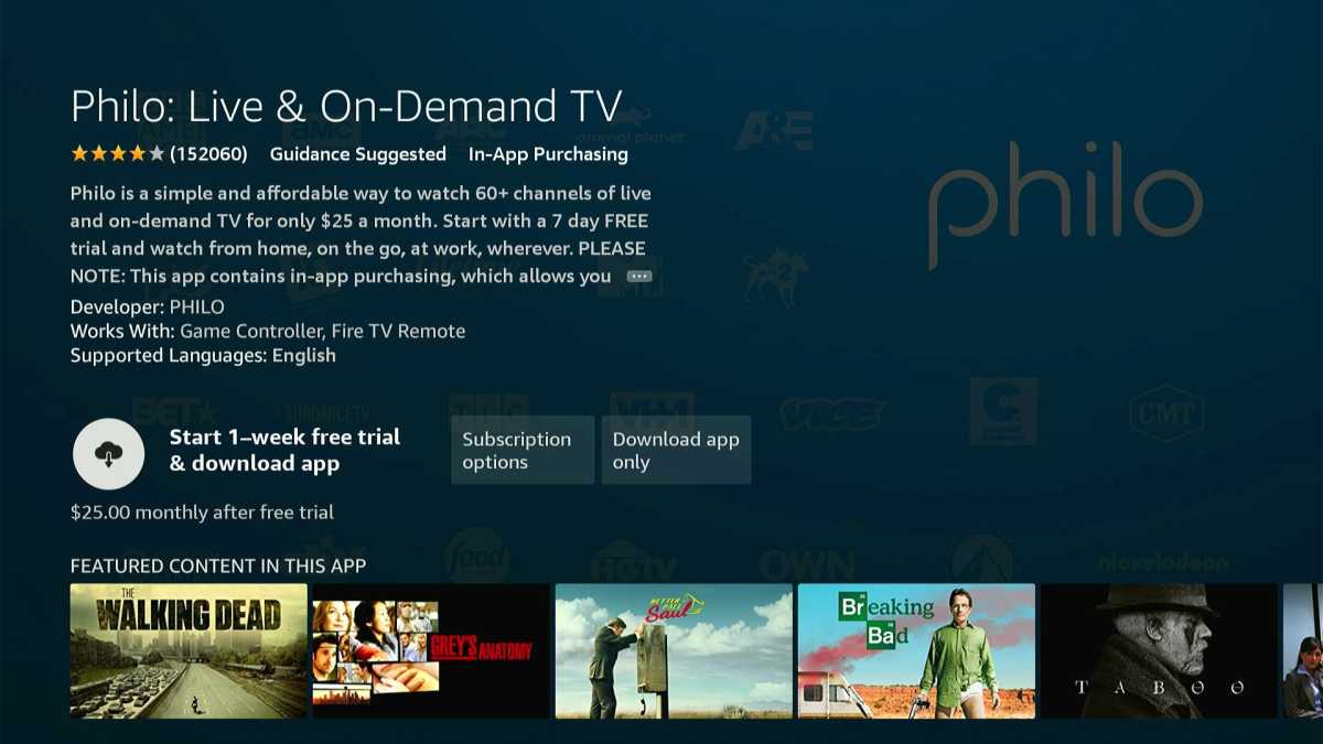 Philo app listing page on Fire TV