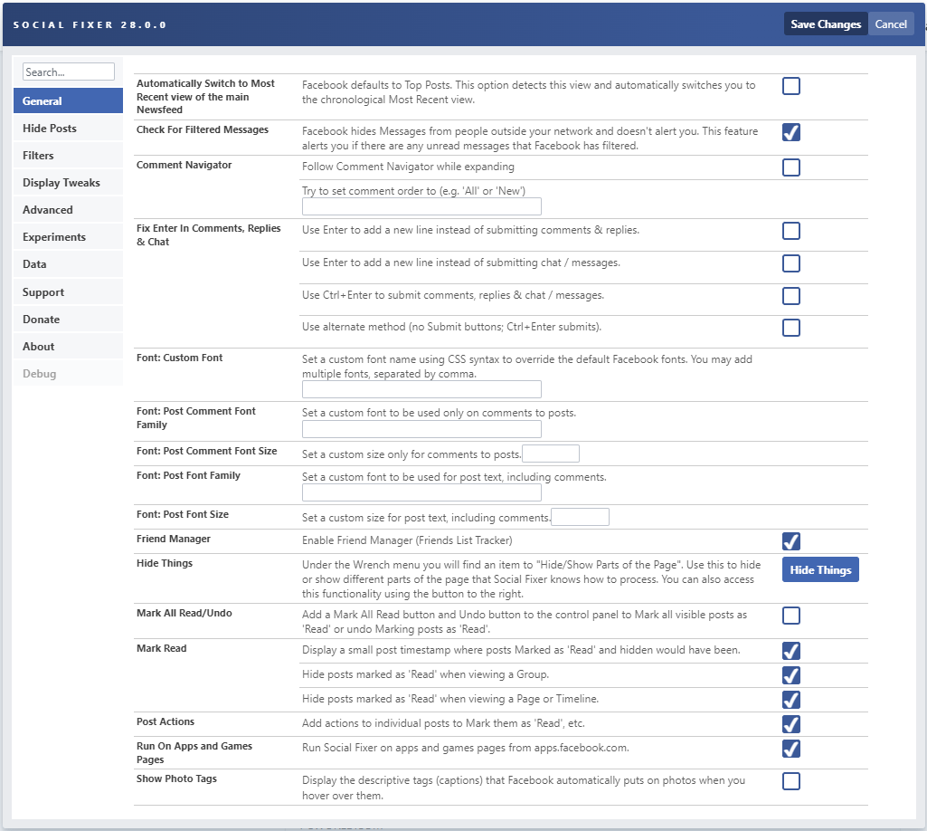 Social Fixer options screen