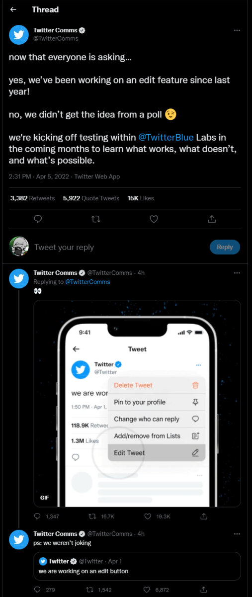 Twitter's edit button announcement tweets
