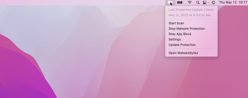 Icono de Malwarebytes Premium para Mac en la barra de tareas
