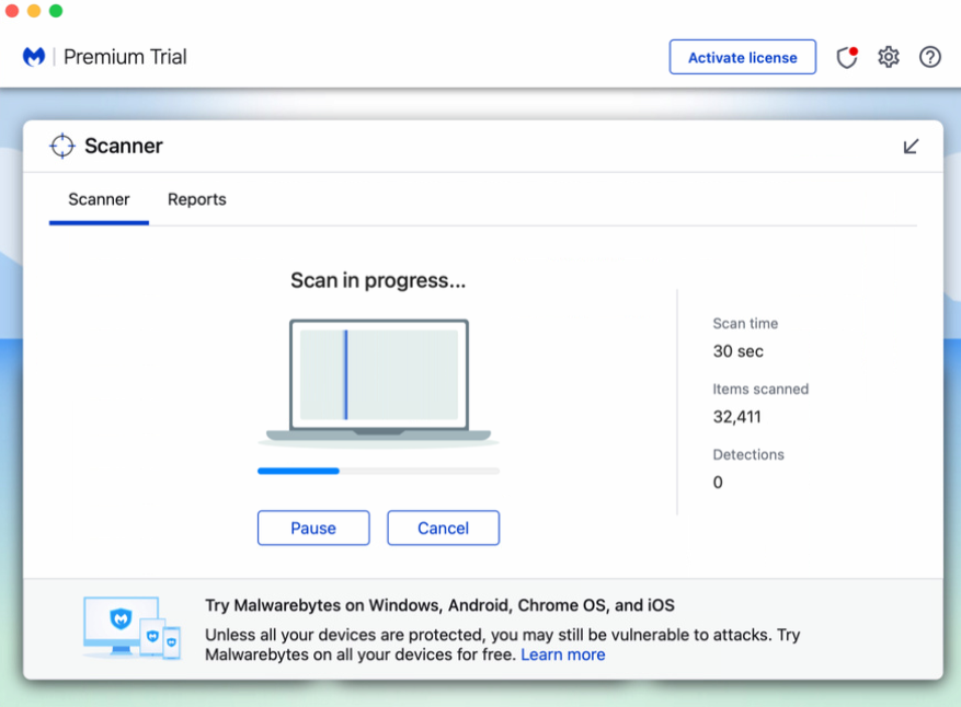 Escaneo manual en Malwarebytes Premium para Mac