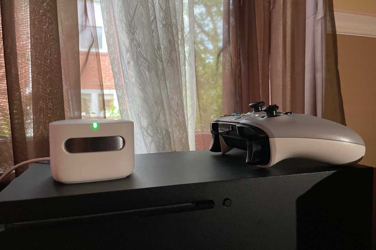 Amazon Smart Air Quality Monitor size compared to Xbox controller
