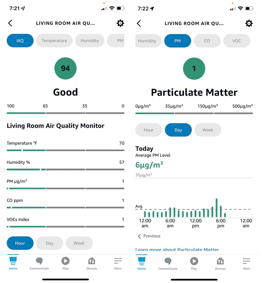 Captures d'écran de l'application Amazon Smart Air Quality Monitor