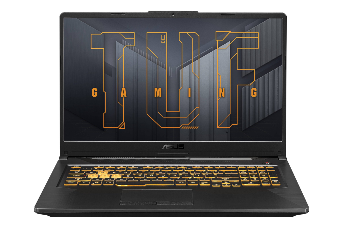 A gray laptop with gold LED keys facing front.