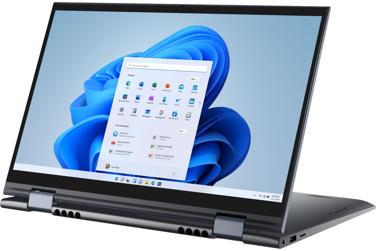 A Windows 11 convertible laptop facing from right