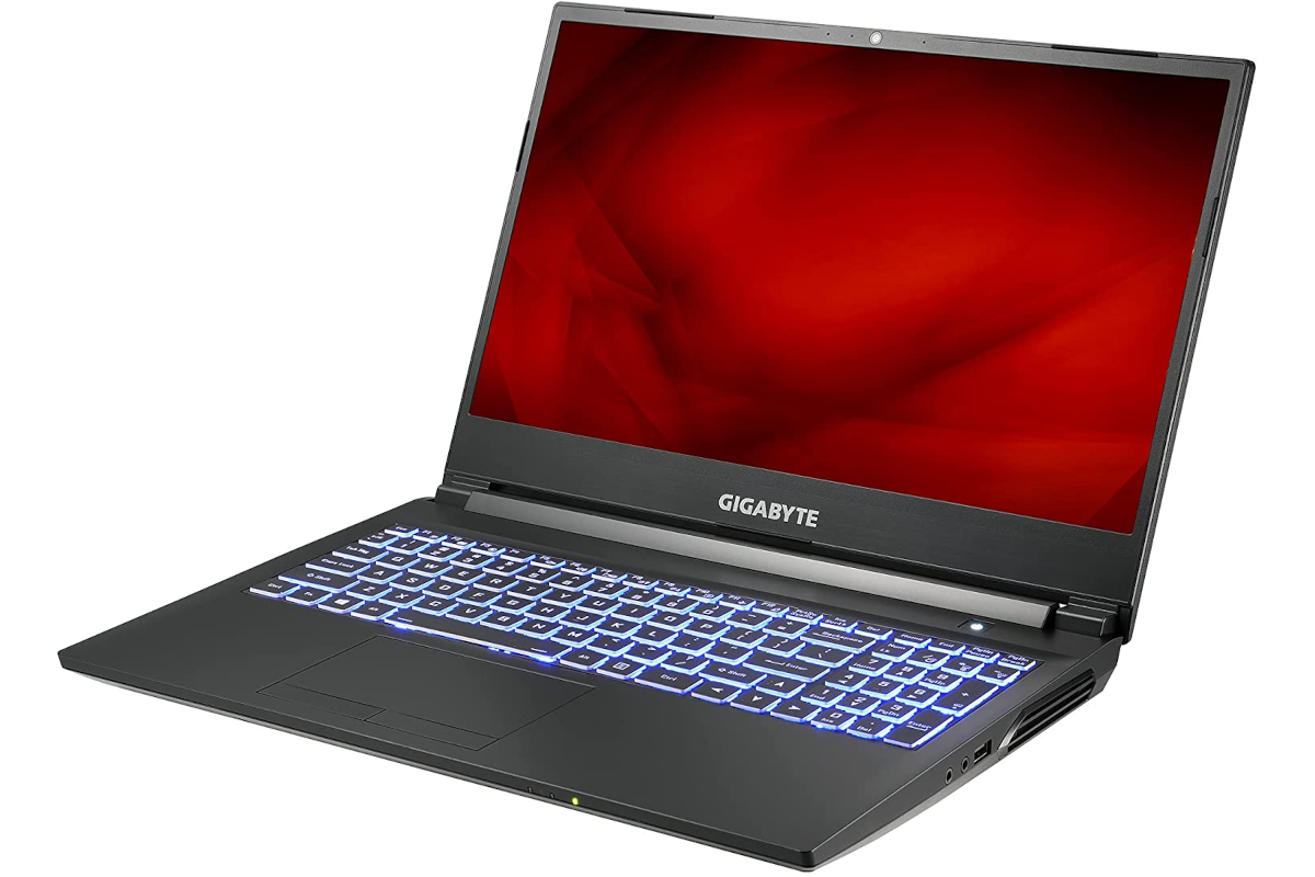 a gray laptop with a red display facing from right