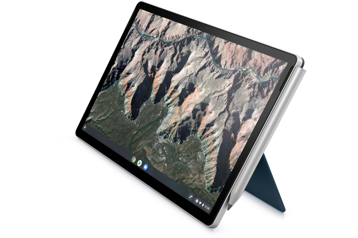an HP Chromebook tablet with kickstand displaying a mountain background