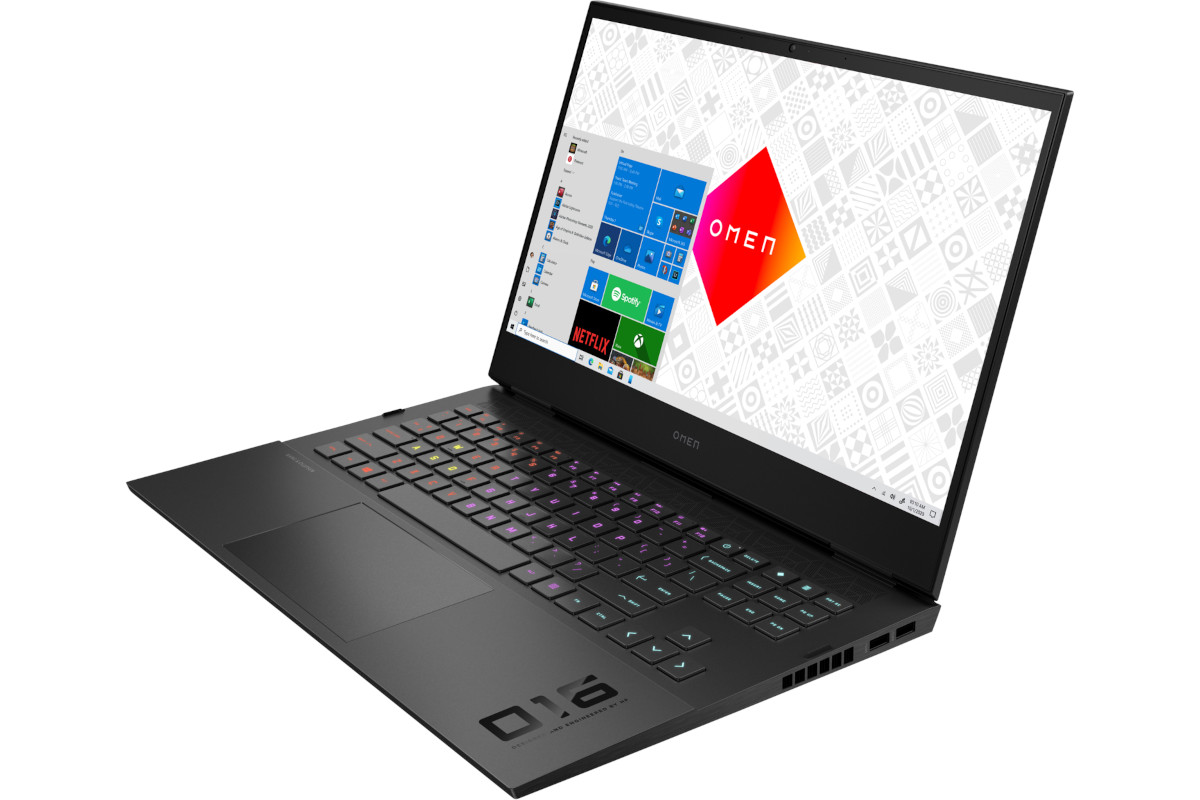 A black laptop facing from right with Windows 10 on the screen