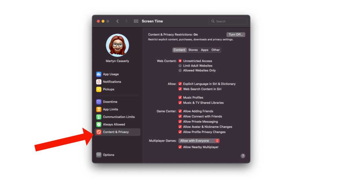 Setting up the Content and Privacy feature in macOS