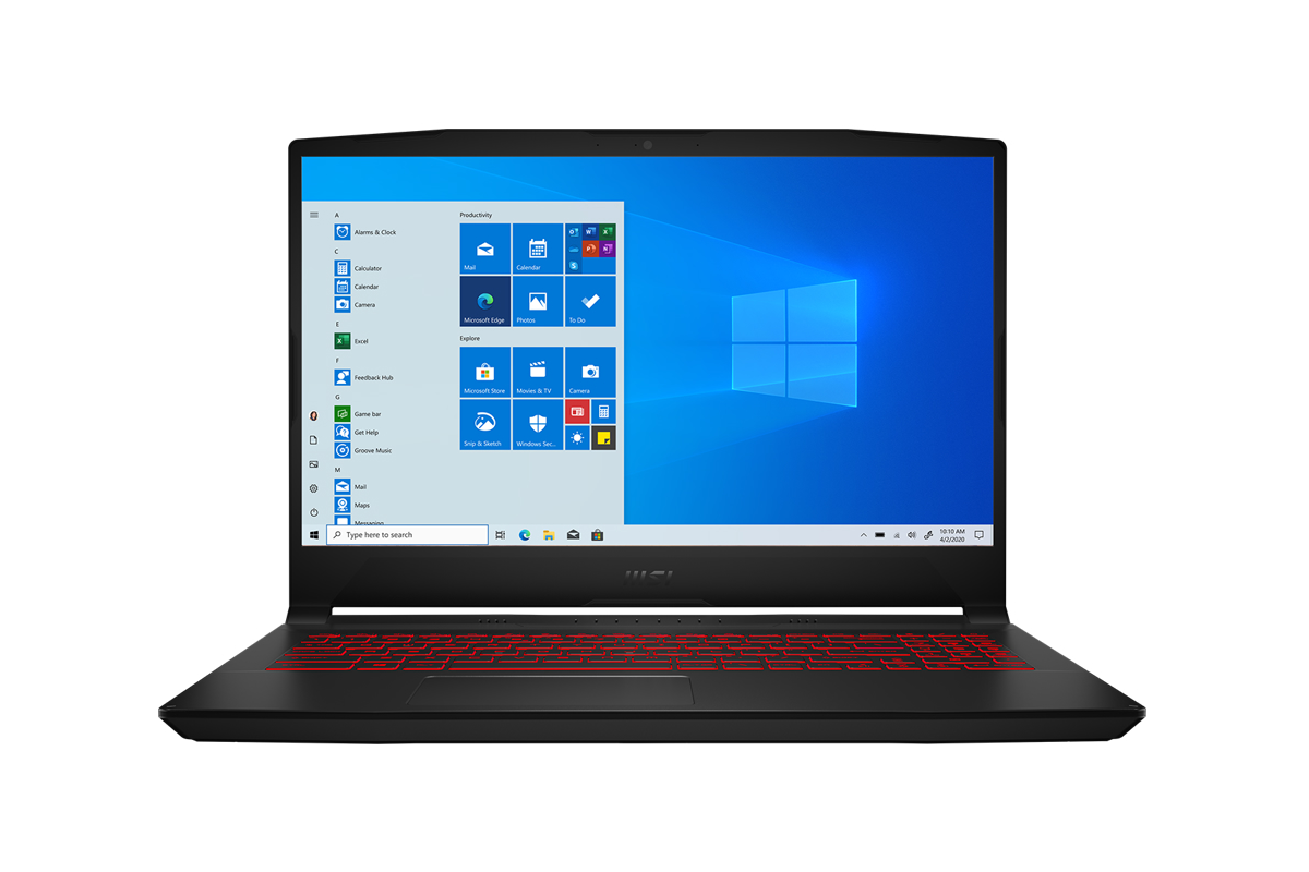 a windows 10 laptop with a red LED-lit keyboard facing front