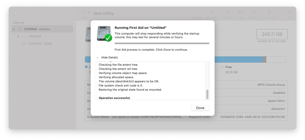 Displaying First Aid Details Disk Utility