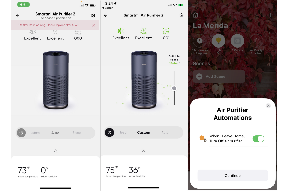 Screenshots of the Smartmi Air Purifier 2 app