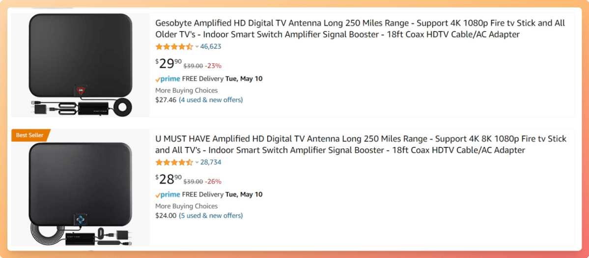 "Best Seller" antenna on Amazon advertising 250-mile range