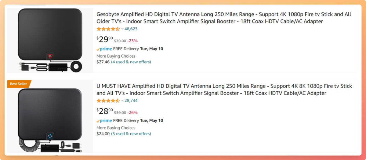 "Best Seller" antenna on Amazon advertising 250-mile range