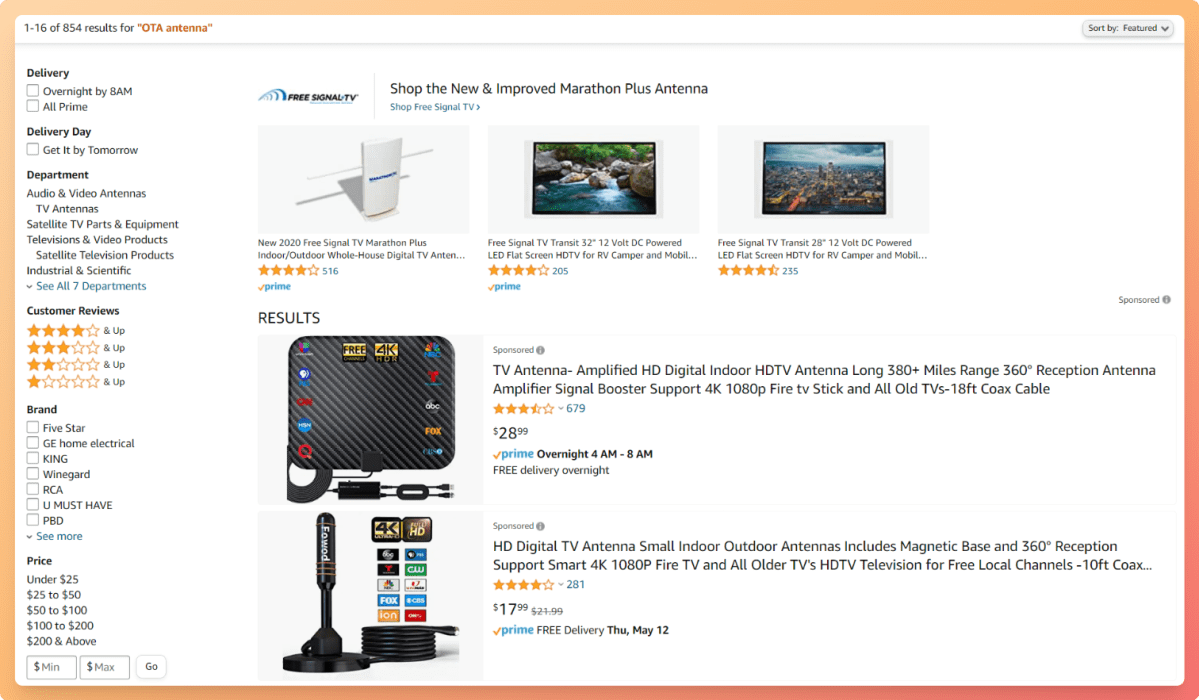 380+ Mile antenna on Amazon search page