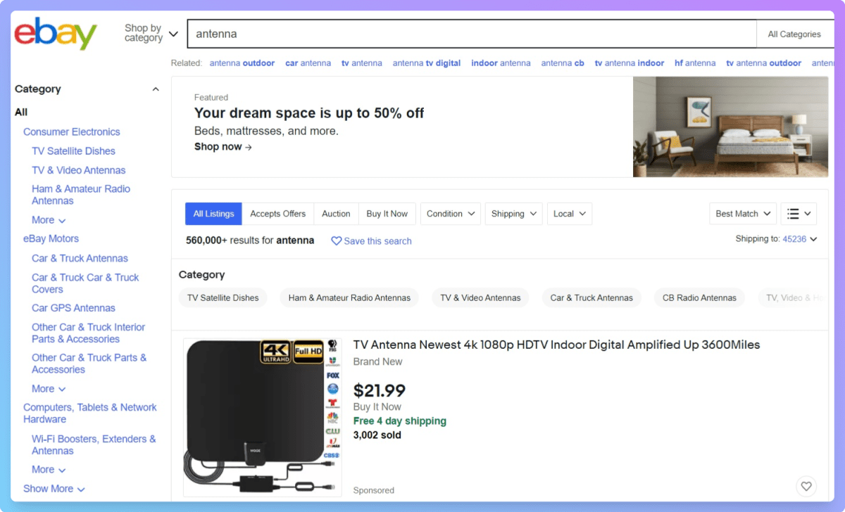 eBay search result showing 3600-mile antenna