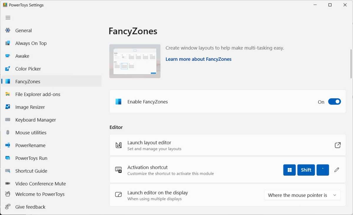 The main settings menu in FancyZones
