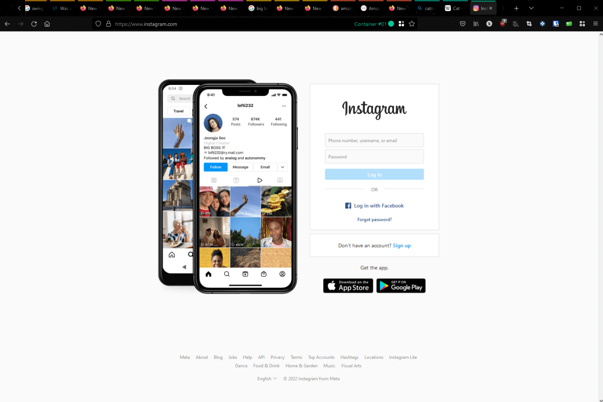 Firefox with Multi-Account Container add-on installed, with Instagram.com showing
