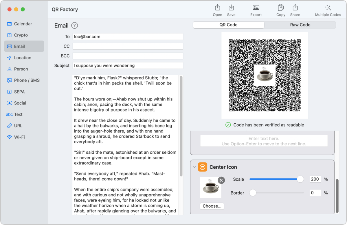 qr factory embedding long text bordered