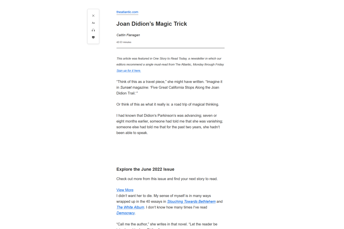 Reader mode applied to an article from The Atlantic