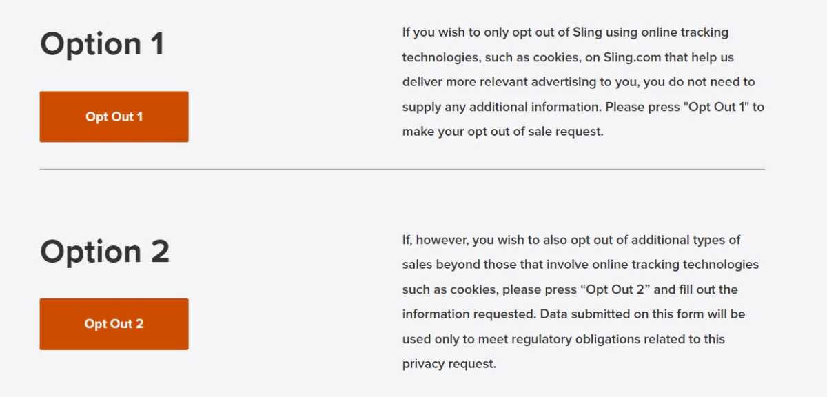 Sling TV's "Do Not Sell" page for opting out of sharing data with marketers