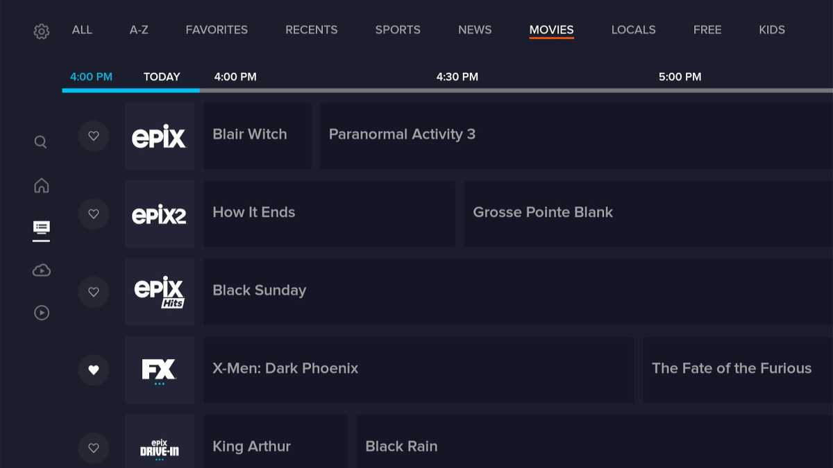 Options de filtrage du guide TV Sling