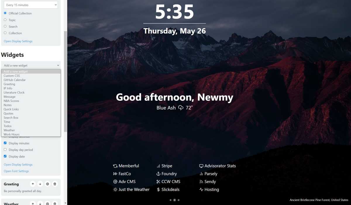 Tabliss widget settings in Chrome