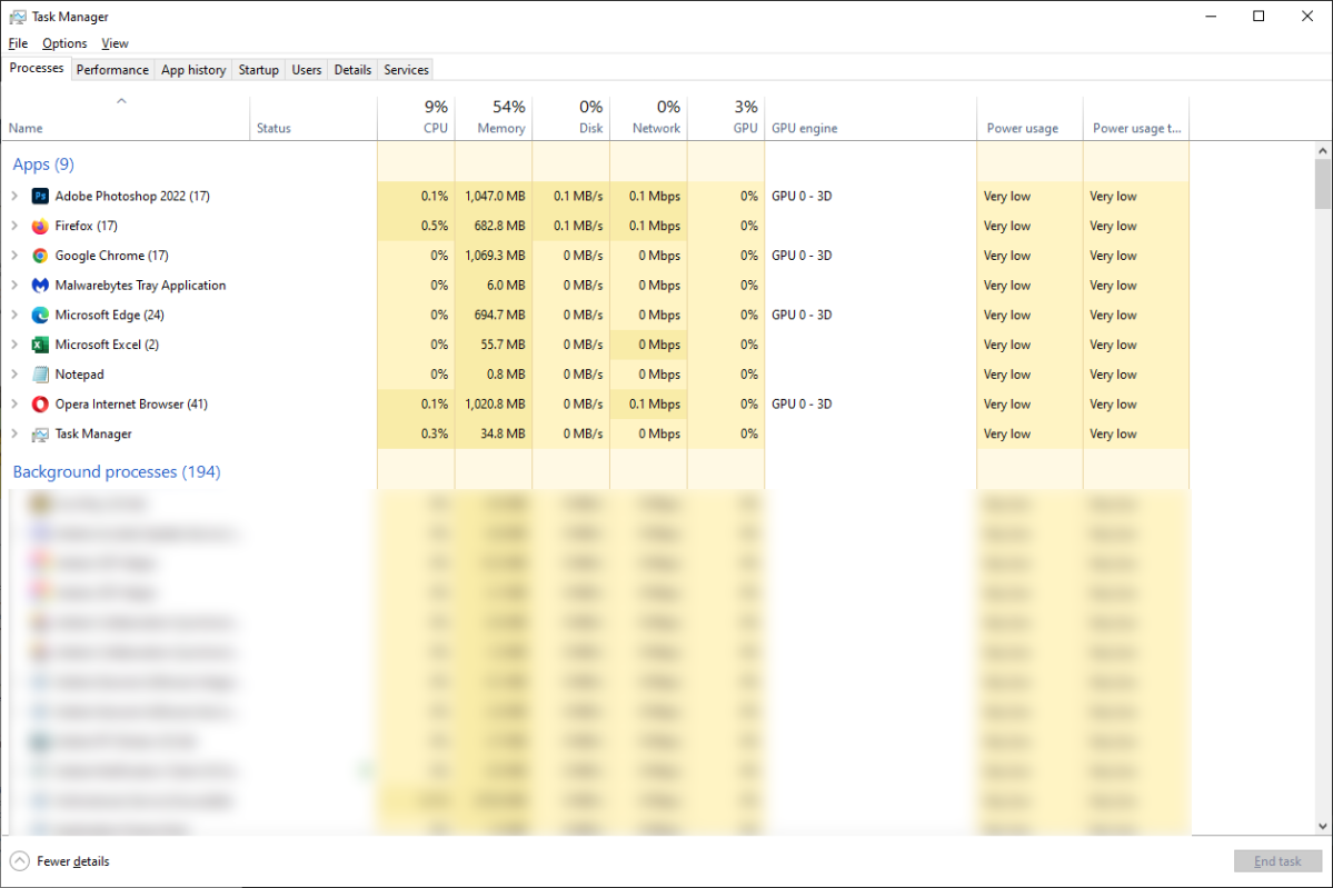 Windows 10 task manager showing processes tab