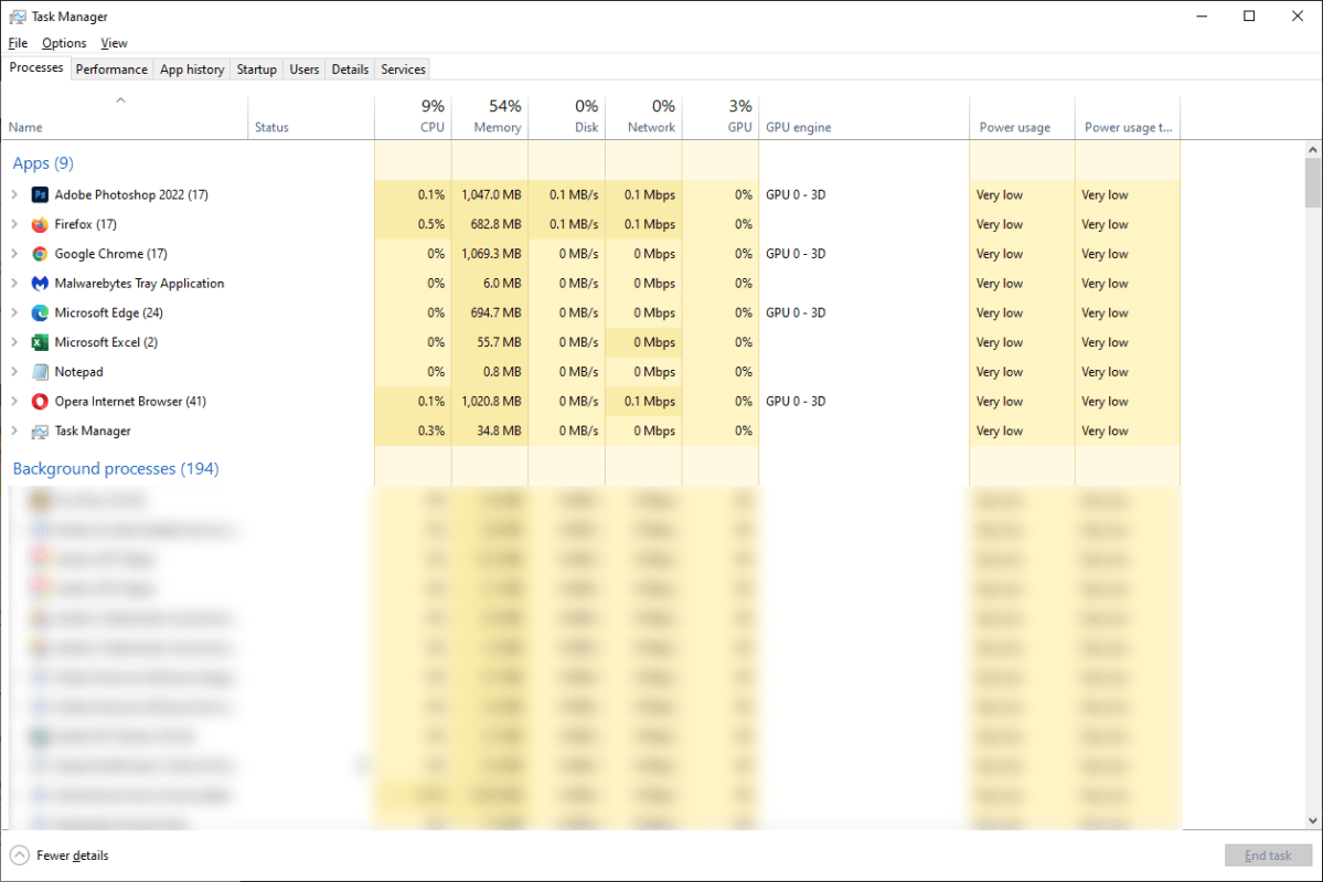 Gerenciador de tarefas do Windows 10 mostrando a guia de processos