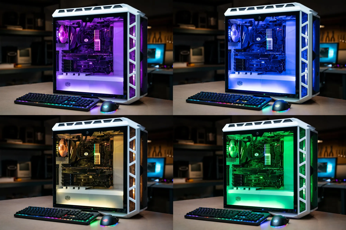 Composite image of RGB "Viva Las Vegas" PC build with four different lighting schemes