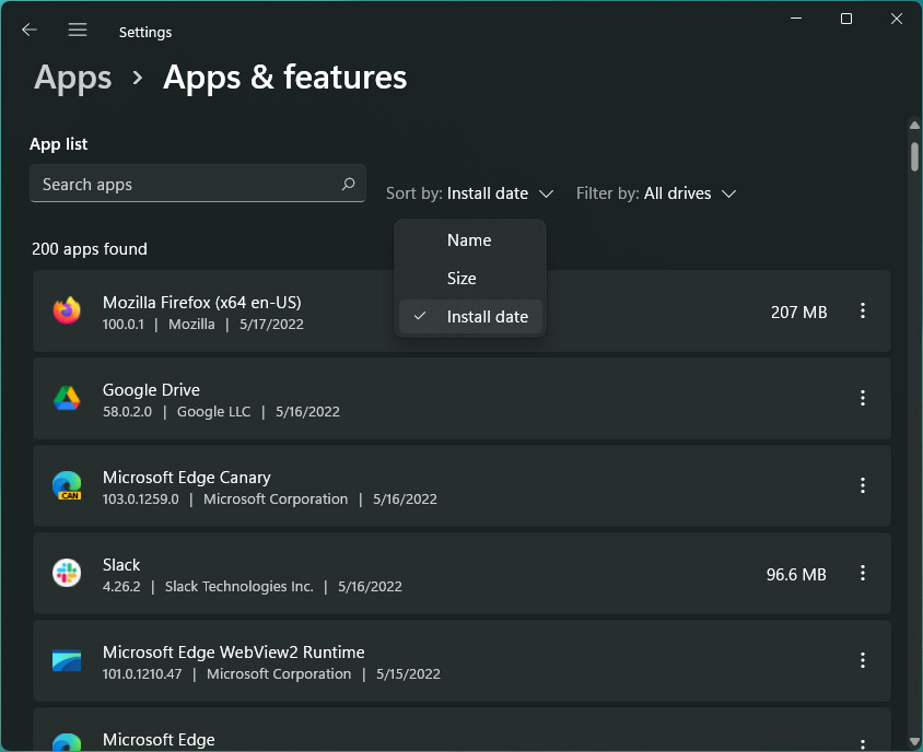 windows apps and features