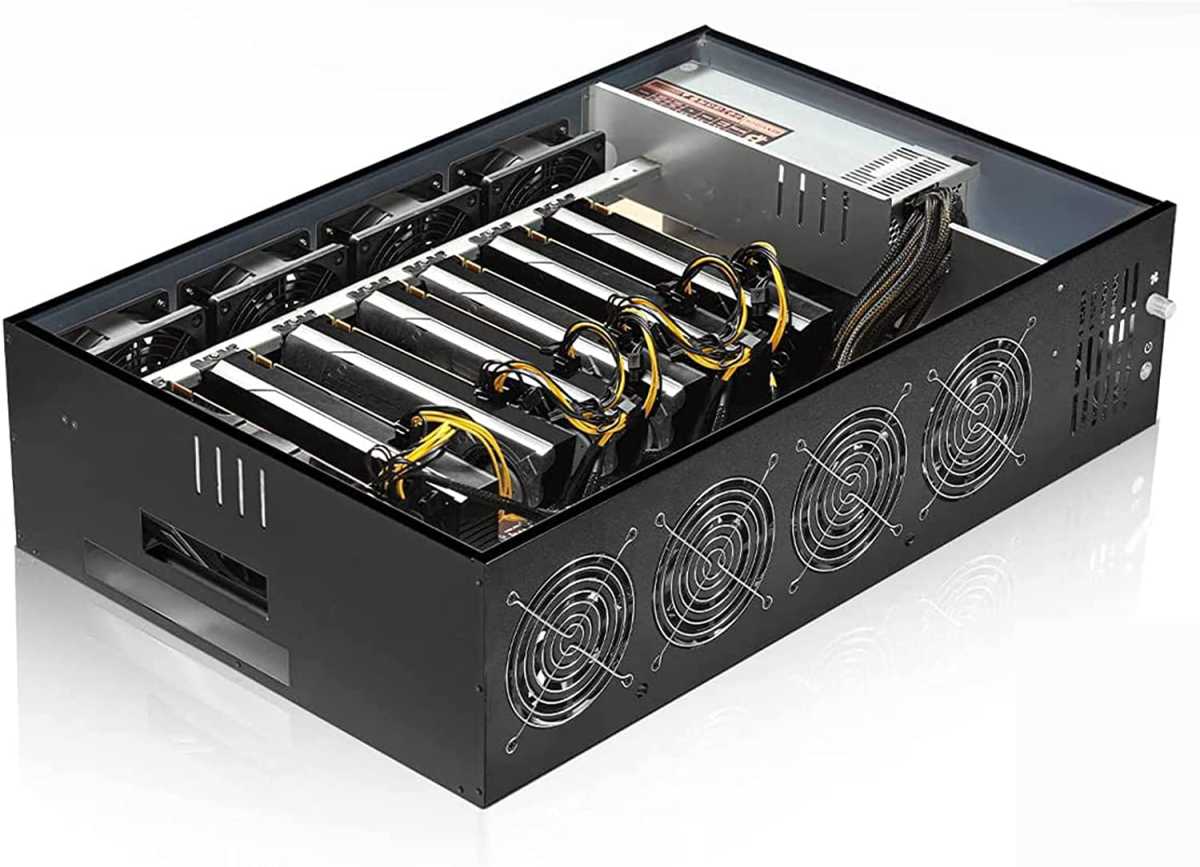 Etherium mining computer with six graphics cards. 