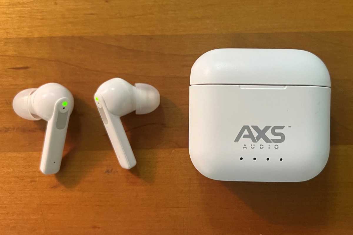 AXS Audio earbuds next to case