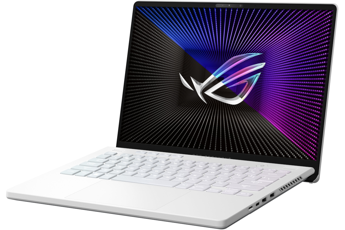 a white laptop with an ASUS ROG logo on the display