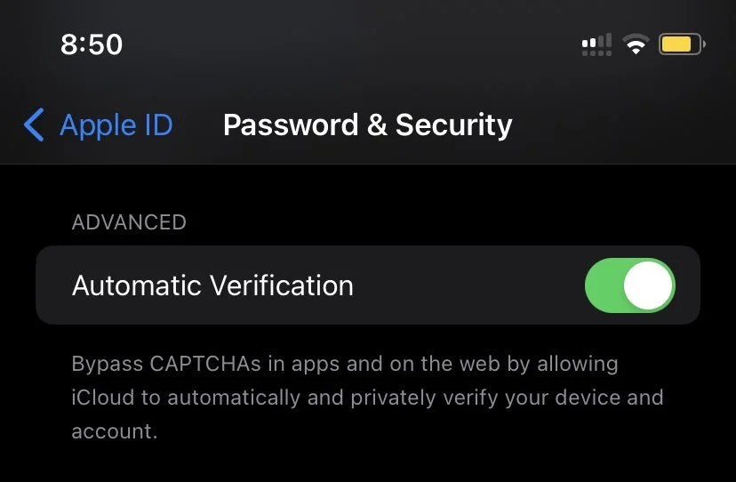 A screenshot of the Automatic Verification in iOS 16