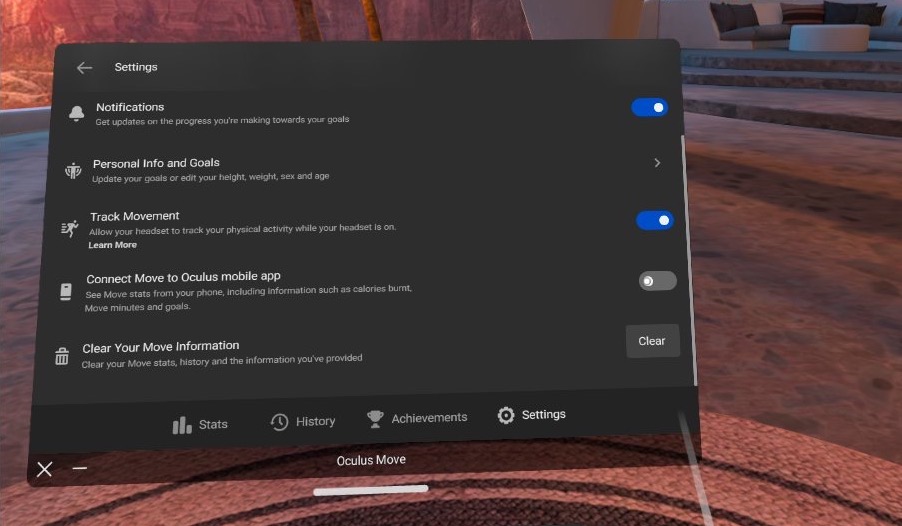 A screenshot of the Oculus Move app setup