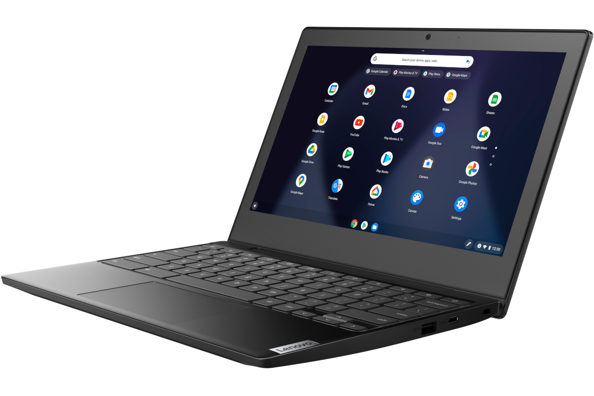 a black Chromebook with the Chrome OS grid on the display