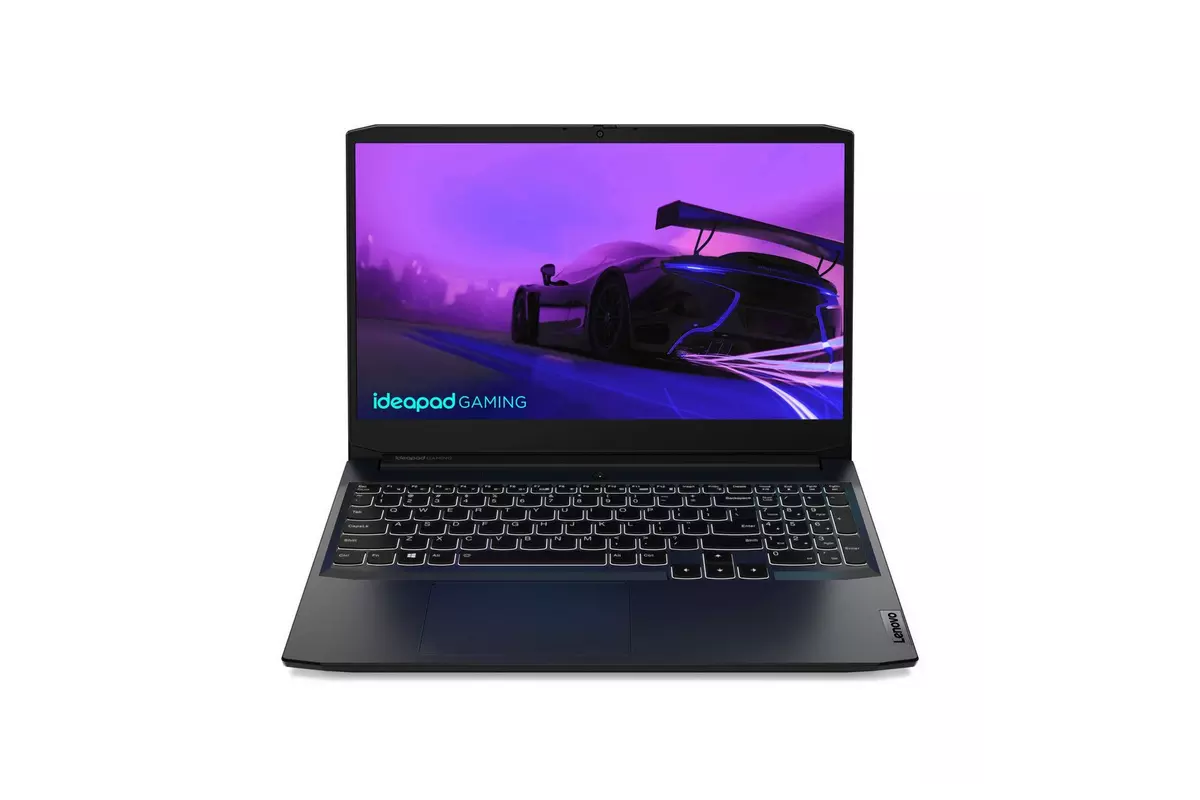 A black laptop facing front with a racing car on the display