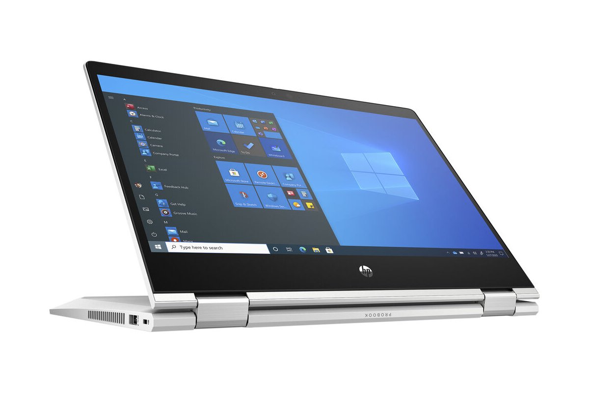 A Windows 10 laptop bent back with the keyboard facing down and the monitor facing up.