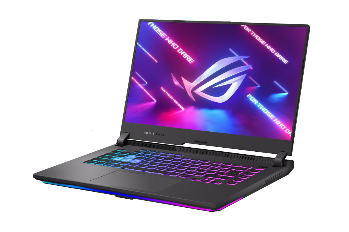 A black laptop with the ROG Strix logo on the screen 