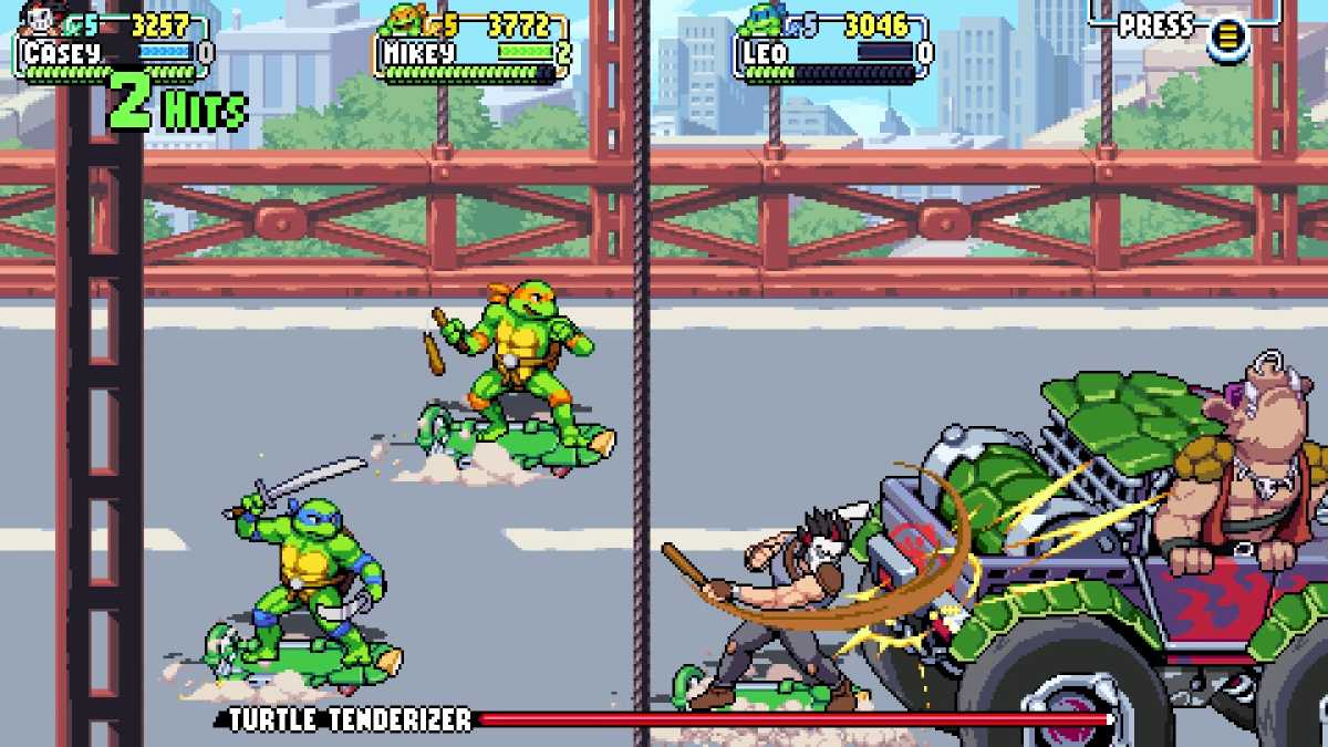 Shredder's Revenge screenshot: turtles and Casey on skateboards
