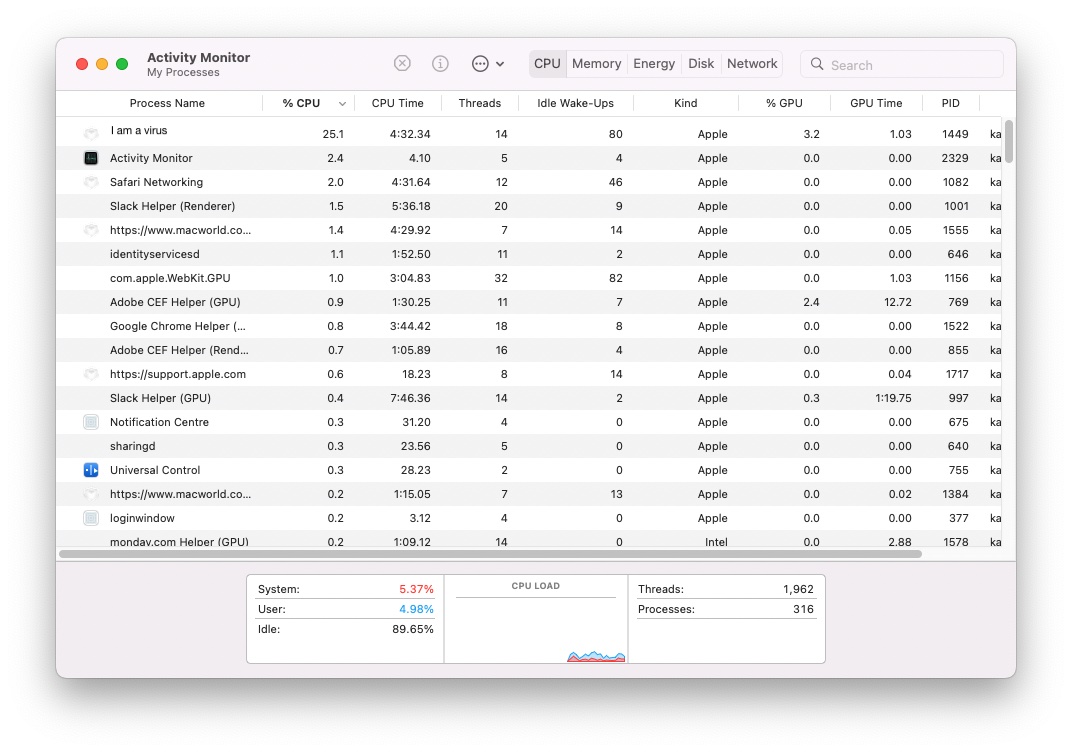 Using Activity Monitor to find virus