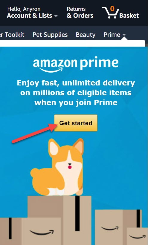 Amazon Prime Get Started button