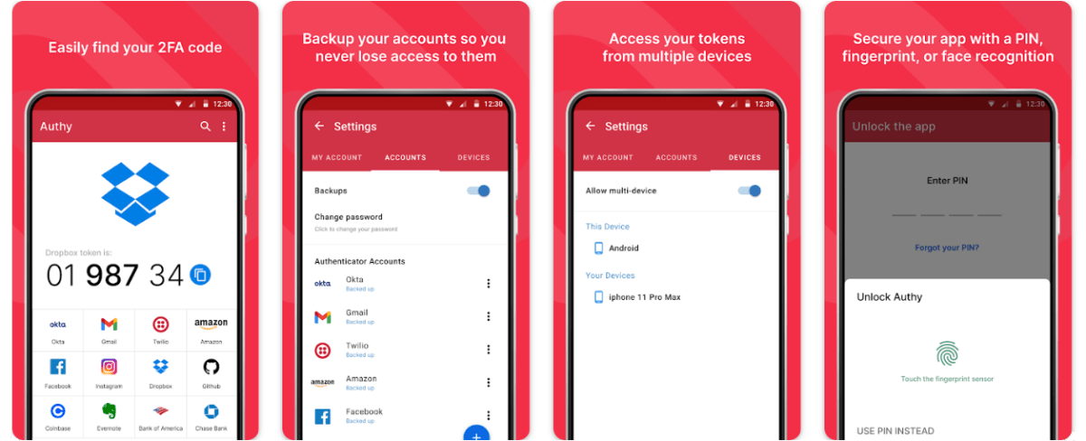 Screenshots of Authy 2FA app features from the Google Play Store